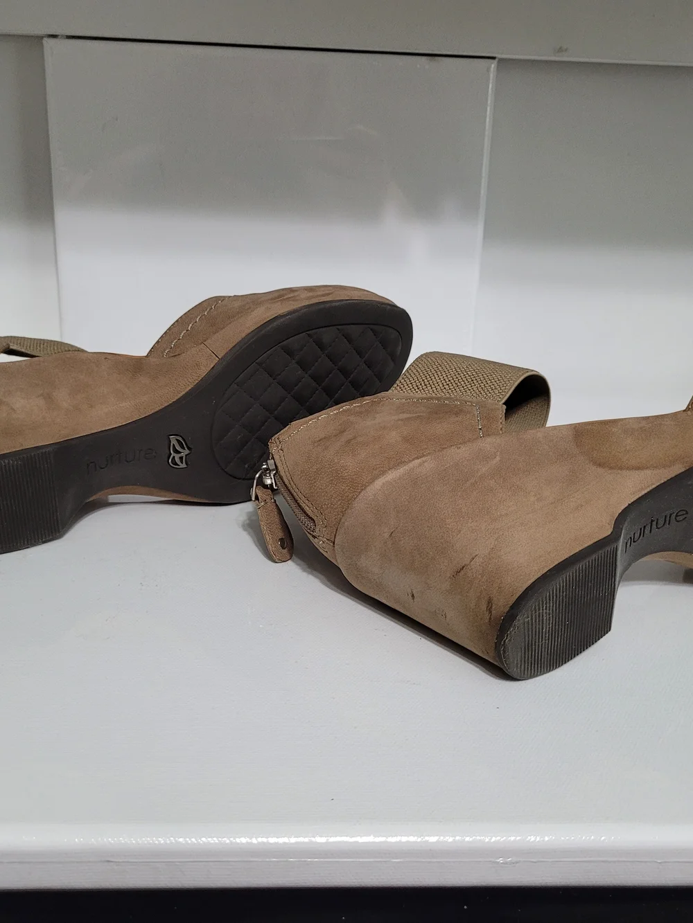 Nurture Taupe Faux Suede Wedge with Wide Elastic Ankle Strap